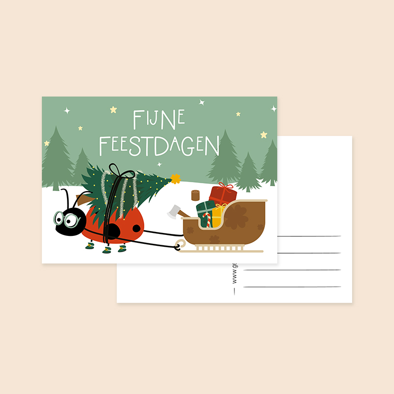 Kerstkaart lieveheersbeestje met slee